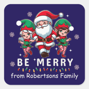 Personalized Santa & Elves Line Dancing Christmas Square Sticker