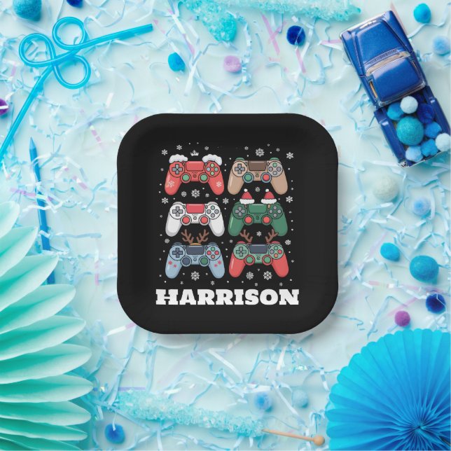 Personalized Santa Gaming Controller Gamer Xmas Paper Plate (Party)