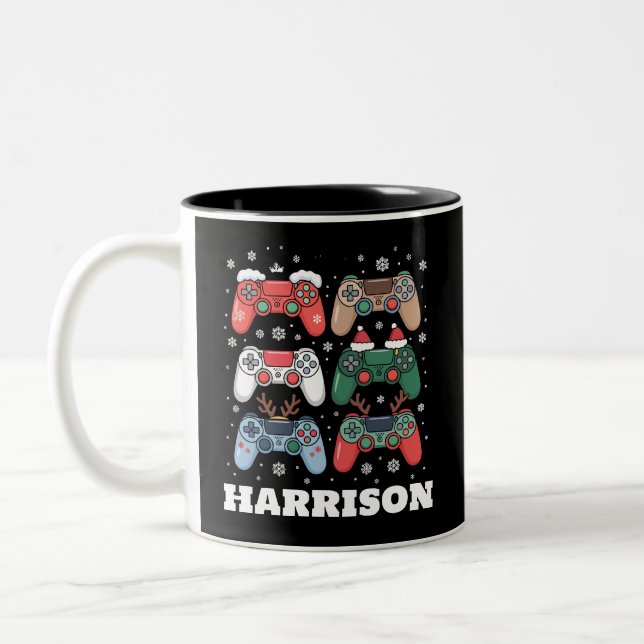 Personalized Santa Gaming Controller Gamer Xmas Two-Tone Coffee Mug (Left)