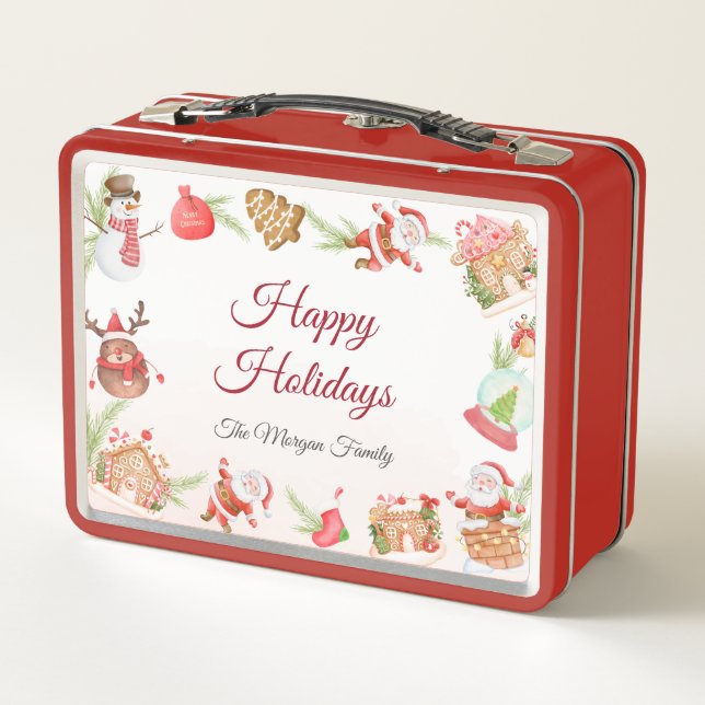 Personalized Santa Gingerbread Holiday Family Metal Lunch Box (Back)