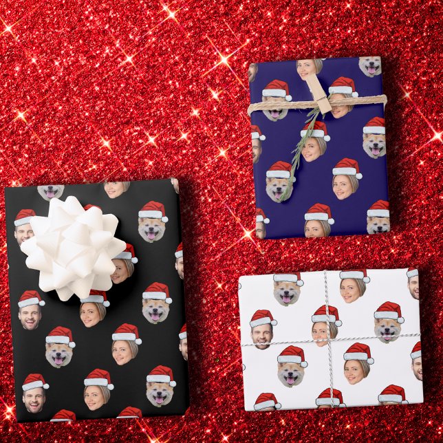 Personalized Santa Hat Face 3 Photo Christmas Gift Wrapping Paper Sheet (Creator Uploaded)