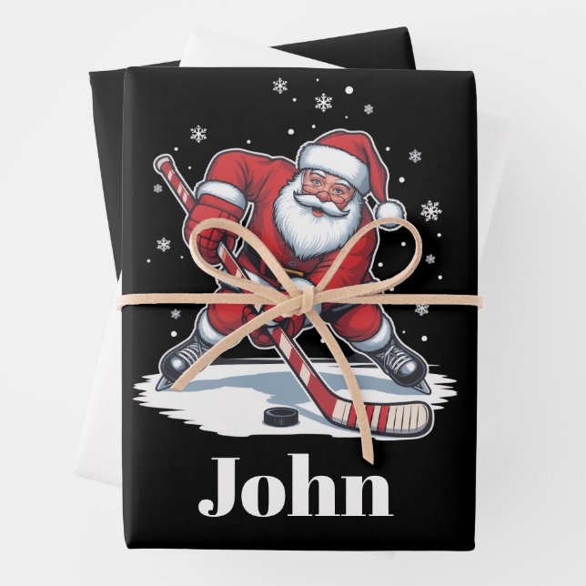 Personalized Santa Ice Hockey Christmas Sport  Wrapping Paper Sheet (In situ)