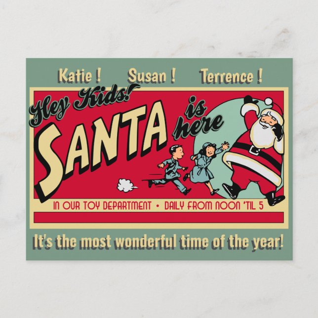 Personalized Santa is Here Christmas Postcard (Front)