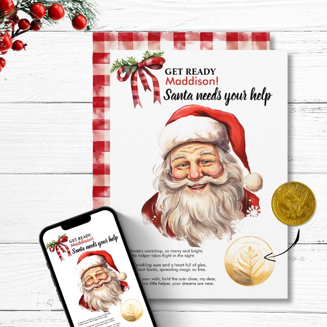 Personalized Santa Needs Your Help Red Magic Wish  Holiday Card (Personalized Santa Needs Your Help Red Magic Wish  Holiday Card Christmas magic gingham vintage gift)