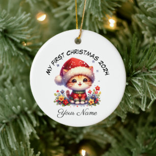 Personalized Santa Orange Kitten First Christmas Ceramic Ornament