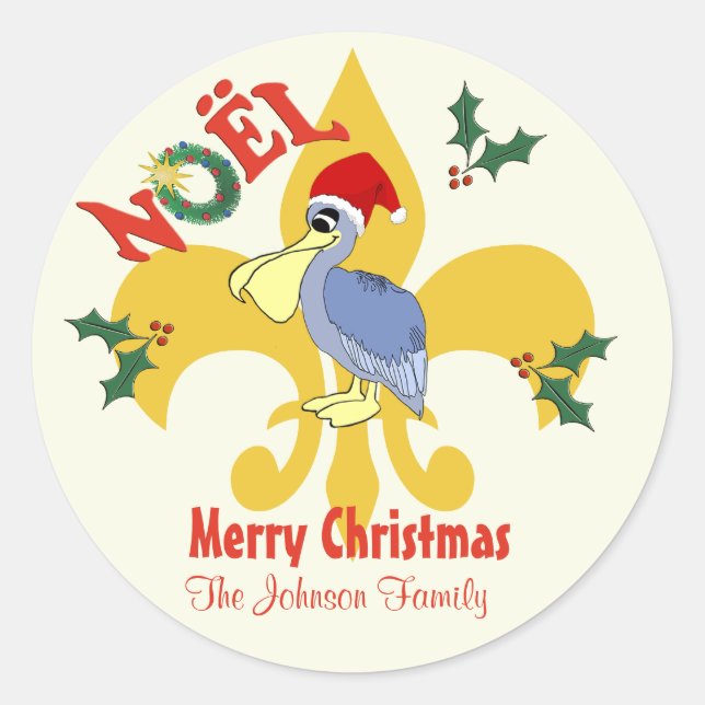 Personalized  Santa Pelican Fleur de Lis Classic Round Sticker (Front)