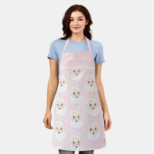 Personalized Santa Pink Hat Preppy Watercolor Apron (Worn)