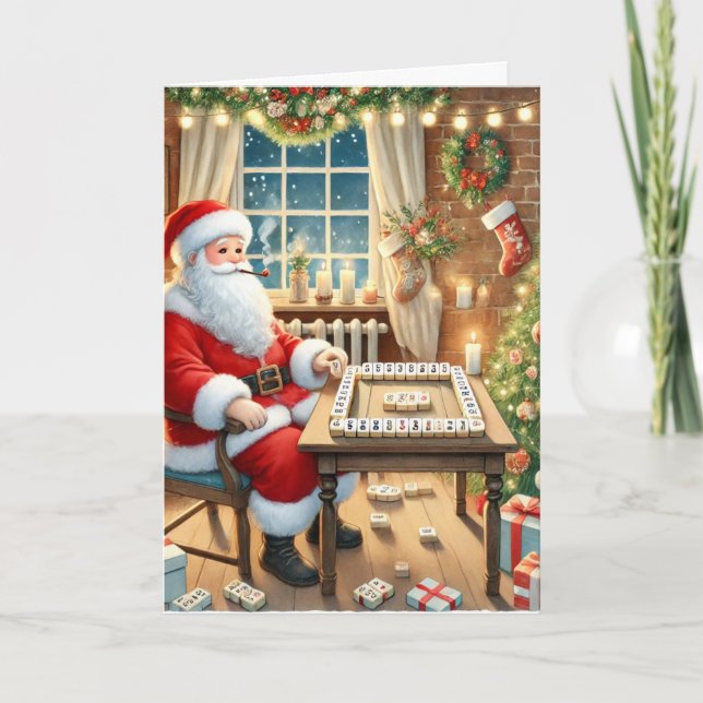 Personalized Santa Playing Mahjong Christmas Card (Front)