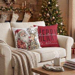 Personalized Santa reindeer Christmas Throw Pillow