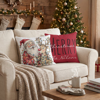 Personalized Santa reindeer Christmas Throw Pillow