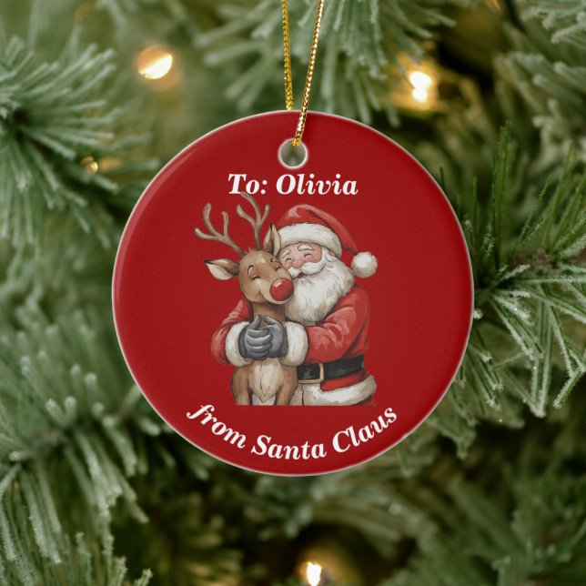 Personalized Santa & Reindeer Hug Christmas  Ceramic Ornament (Tree)