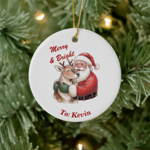 Personalized Santa & Reindeer Hug Christmas Ceramic Ornament