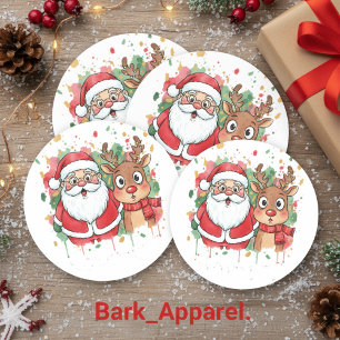 Personalized Santa & Reindeer Watercolor Christmas Classic Round Sticker