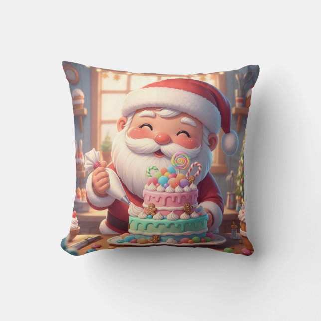 Personalized Santa’s Sweet Shop Cake Decorating Throw Pillow (Front)
