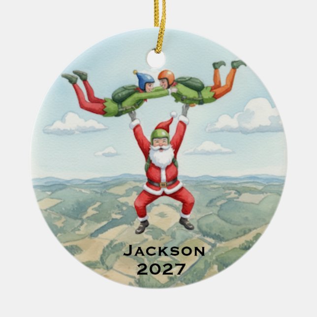 Personalized Santa Skydiving Ceramic Ornament (Front)