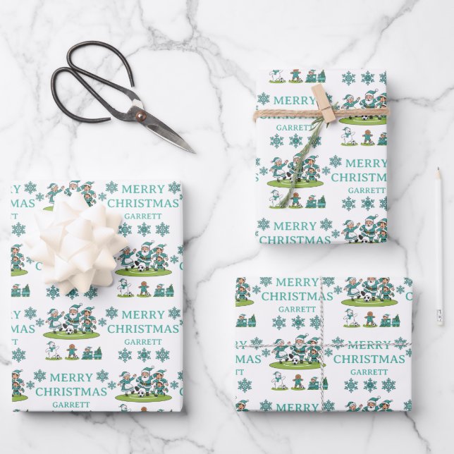 Personalized Santa Soccer Wrapping Paper Sheets (Front)