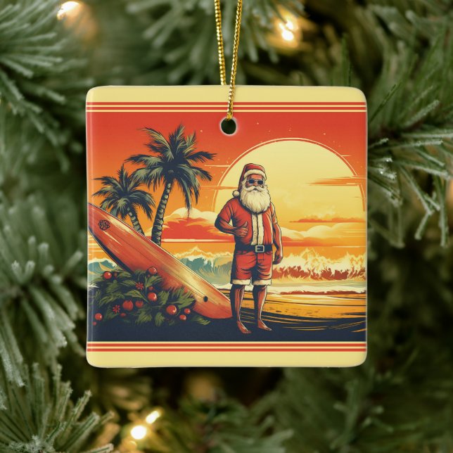 Personalized Santa Surfing Retro Beach Christmas Ceramic Ornament (Tree)
