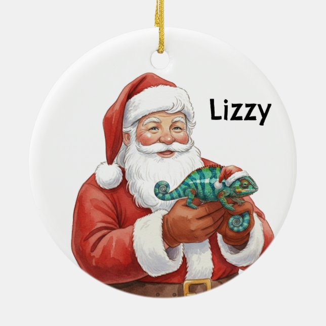 Personalized Santa with Panther Chameleon  Ceramic Ornament (Back)