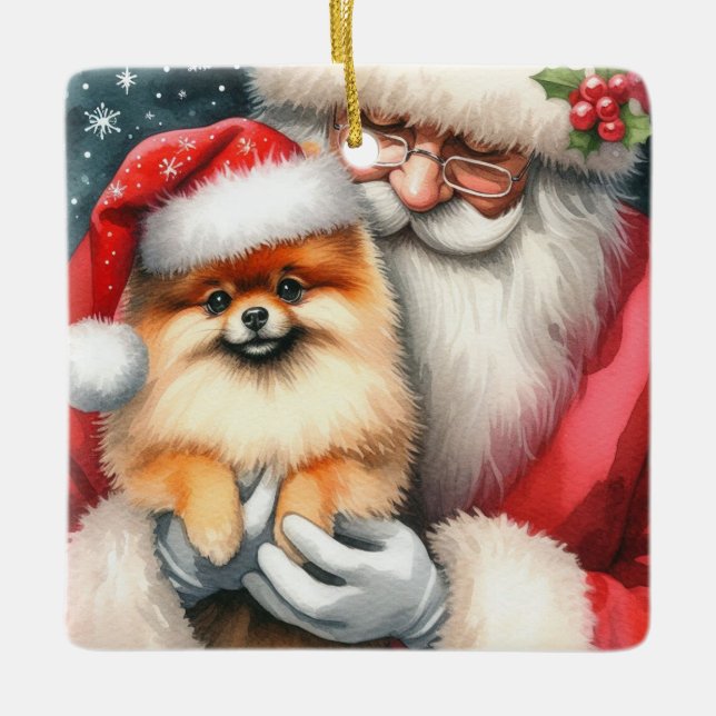 Personalized Santa with Pomeranian Christmas Ceramic Ornament (Front)