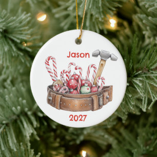 Personalized Santa's Christmas Tool Belt Ceramic Ornament