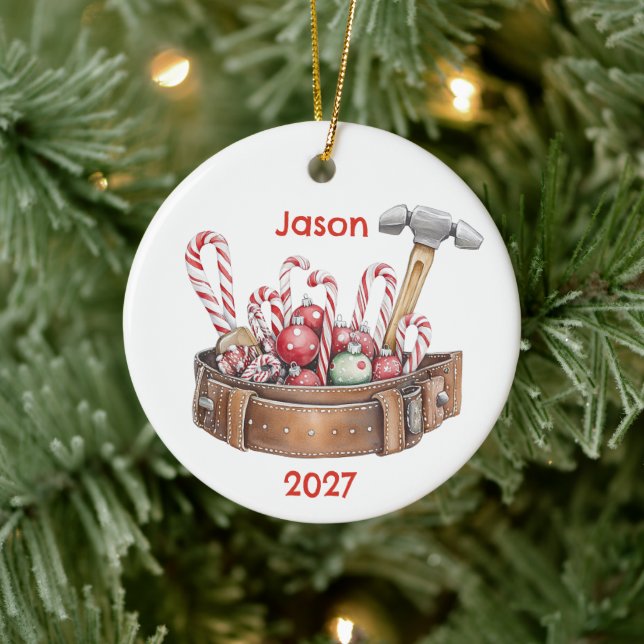 Personalized Santa's Christmas Tool Belt Ceramic Ornament (Tree)