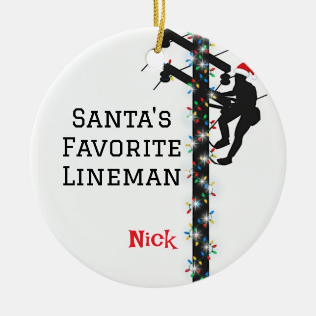 Personalized Santa's Favourite Lineman  Ceramic Ornament (Front)