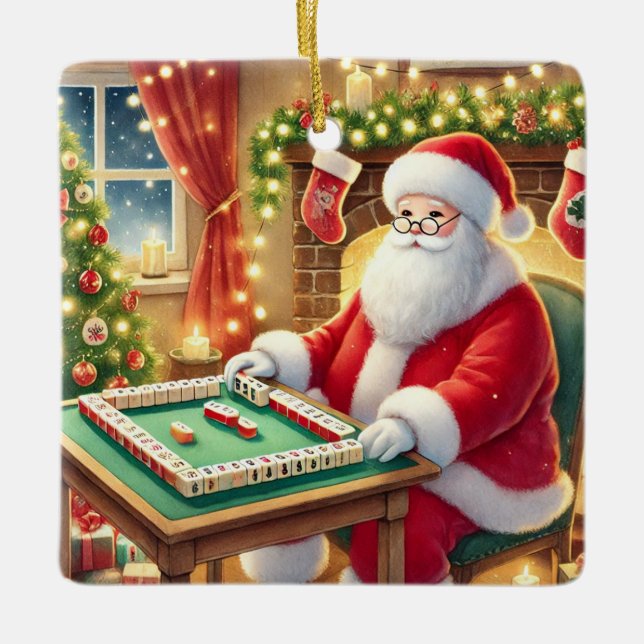Personalized Santa's Favourite Mahjong Player  Ceramic Ornament (Front)