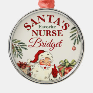 Personalized Santa's Favourite Nurse Christmas Metal Ornament