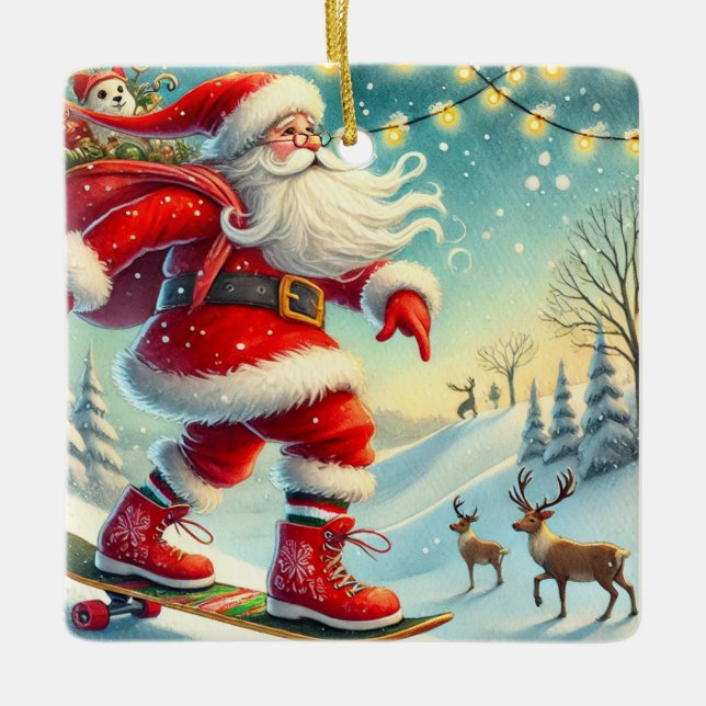 Personalized Santa's Favourite Skateboarder Ceramic Ornament (Front)