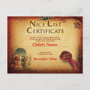 Personalized Santa's Nice List Certificate Postcard