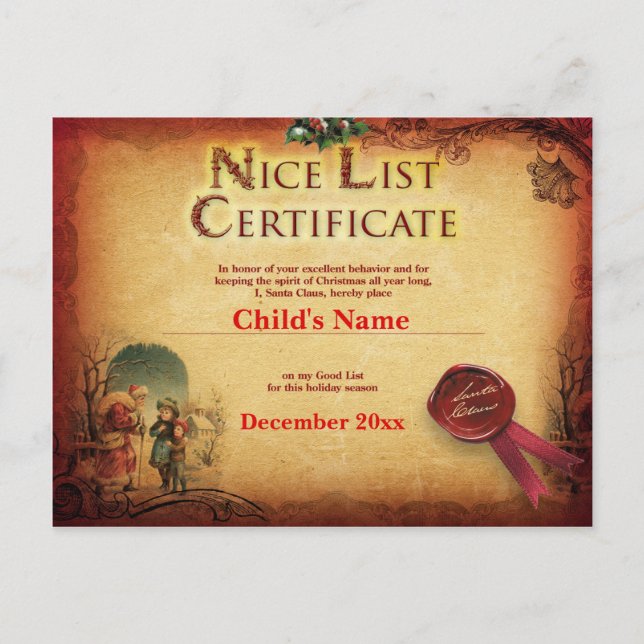 Personalized Santa's Nice List Certificate Postcard (Front)