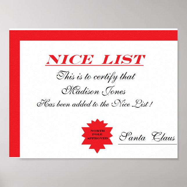 Personalized Santa's "Nice List" Certificate Poster (Front)