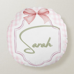 Personalized Sarah Baby Girl Nursery Bow&Gingham Round Pillow