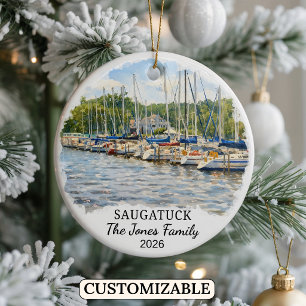 Personalized Saugatuck Ornament, Custom Michigan Ceramic Ornament