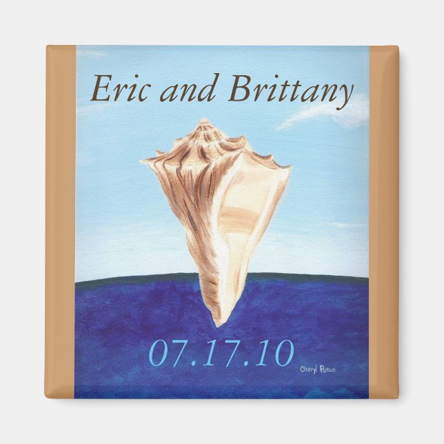 Personalized Save the date magnets, conch seashell Magnet (Front)
