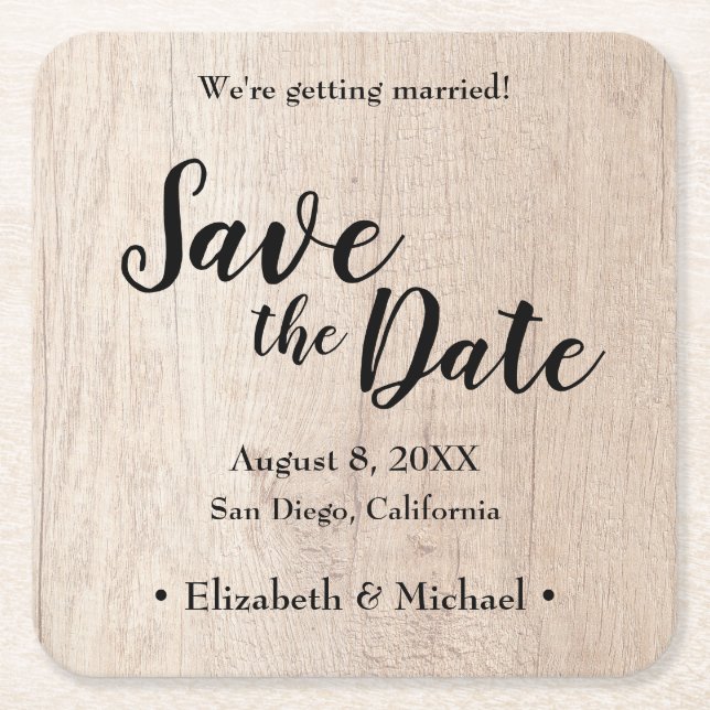 Personalized Save the date Printed Wood Square Paper Coaster (Front)