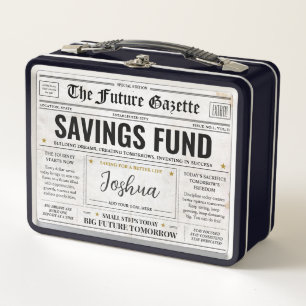 Personalized Savings Fund Box, Fun Money Newspaper Metal Lunch Box