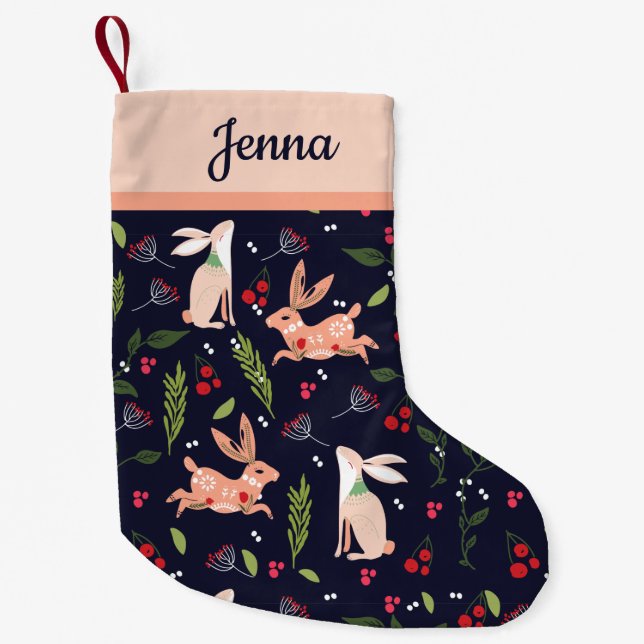Personalized Scandinavian Folk Art Bunnies Small Christmas Stocking (Front)