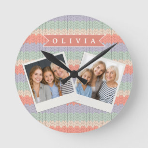 Personalized Scandinavian Pastel Knit Pattern Name Round Clock