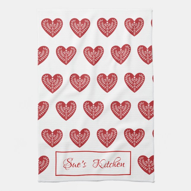 Personalized Scandinavian Red Heart Kitchen Towel (Vertical)
