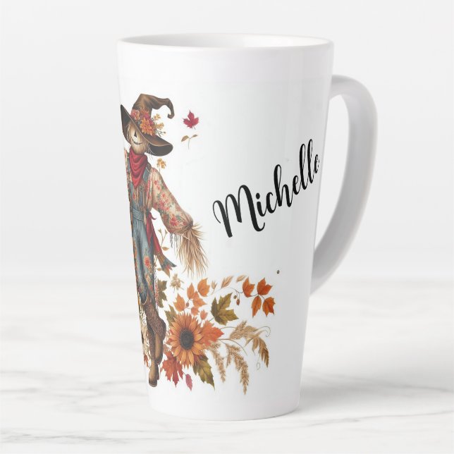 Personalized Scarecrow and Autumn Foliage Latte Mug (Right Angle)