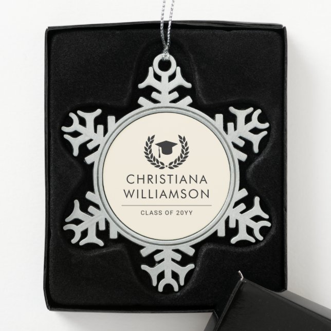 Personalized School and College Graduation Elegant Snowflake Pewter Christmas Ornament (Box)