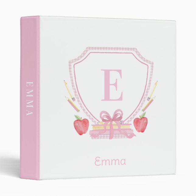 Personalized School Crest Pink Gingham Monogram Binder (Front/Spine)