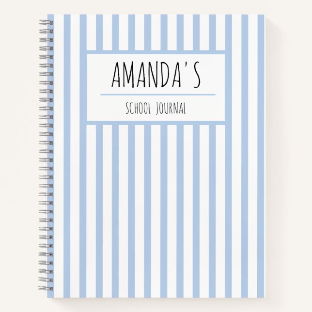 Personalized School Journal Blue White Stripe Name (Front)