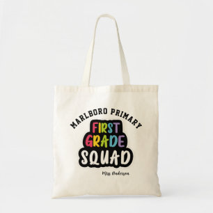 Personalized School Name First Grade Teacher Squad Tote Bag