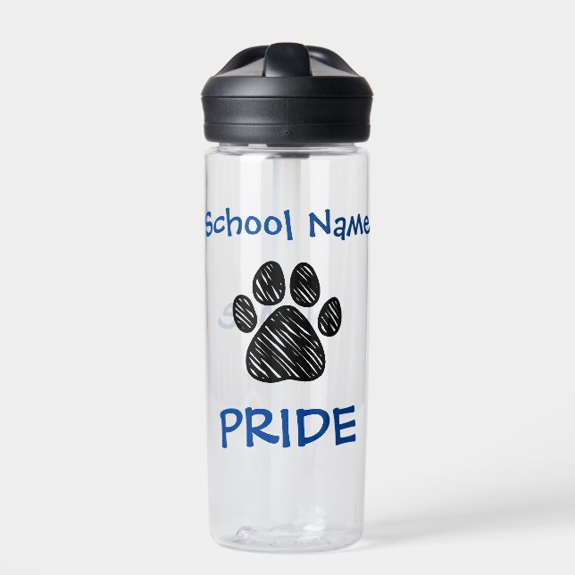 Personalized School Pride Black Paw Print Water Bottle (Front)