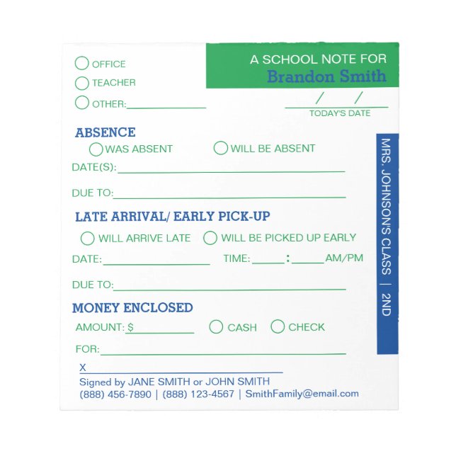 Personalized School Student Parent Notepad (Front)