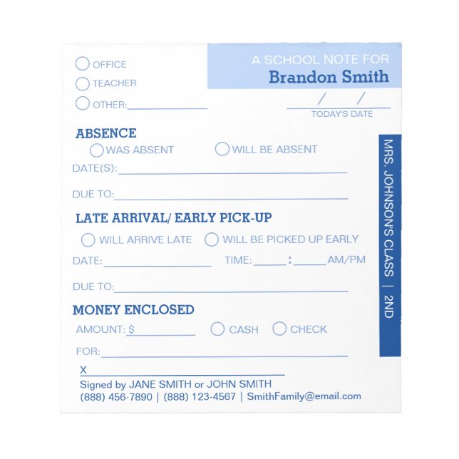 Personalized School Student Parent Notepad (Front)