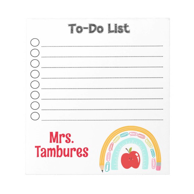 Personalized school supply rainbow teacher to-do notepad (Front)