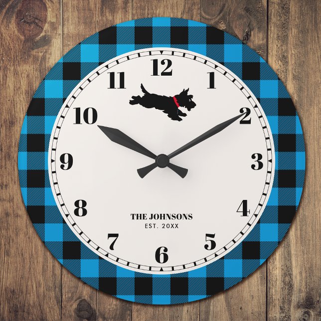 Personalized Scottie Dog Buffalo Check Blue Large Clock (Creator Uploaded)